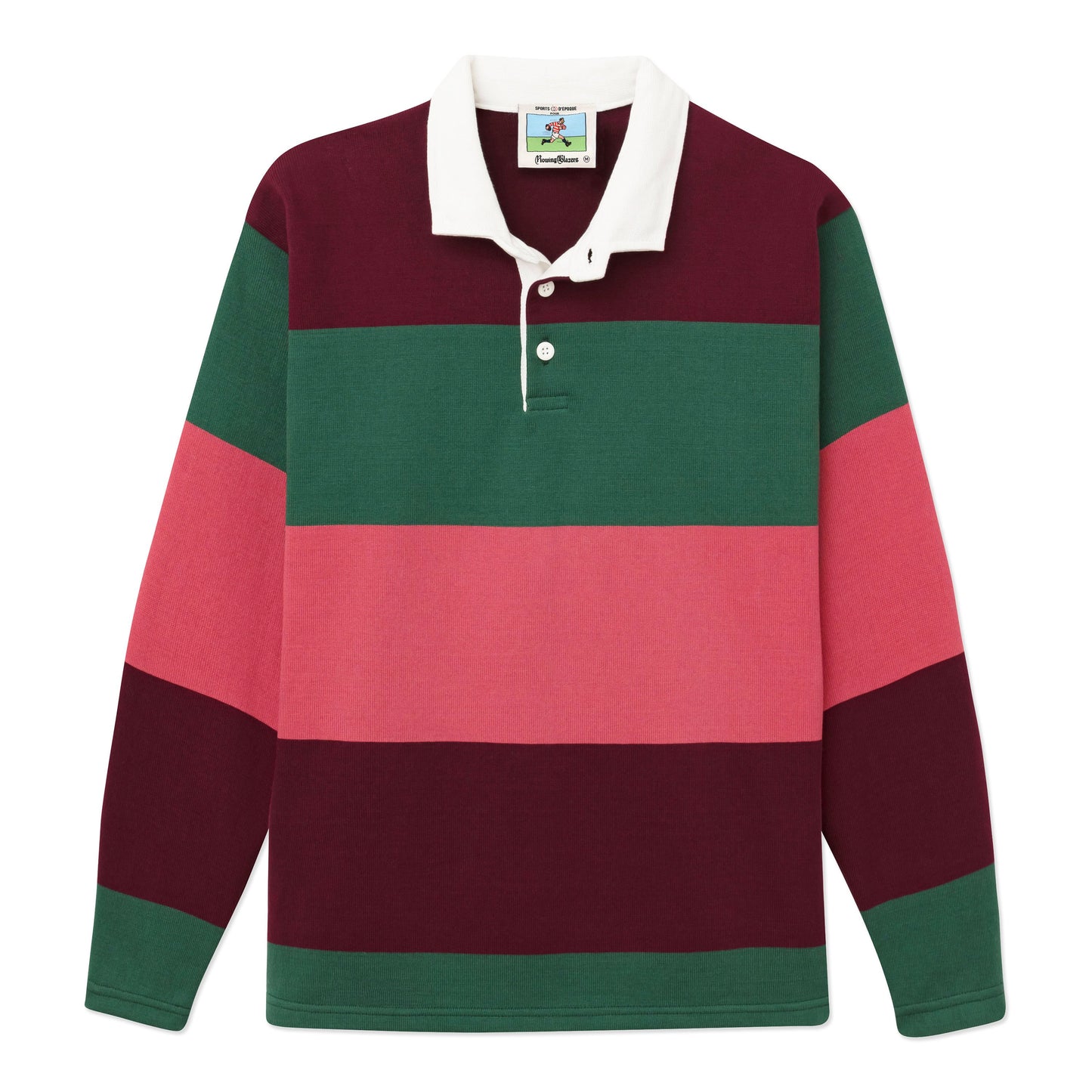 Burgundy, pink and green wide stripe rugby.