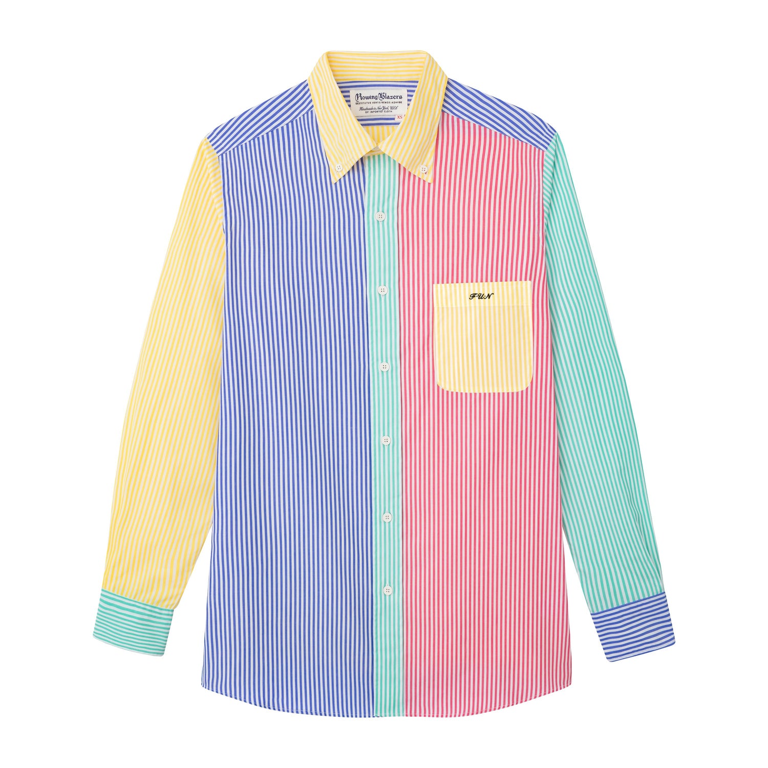 Color block stripe shirt with a soft S-roll button-down collar.