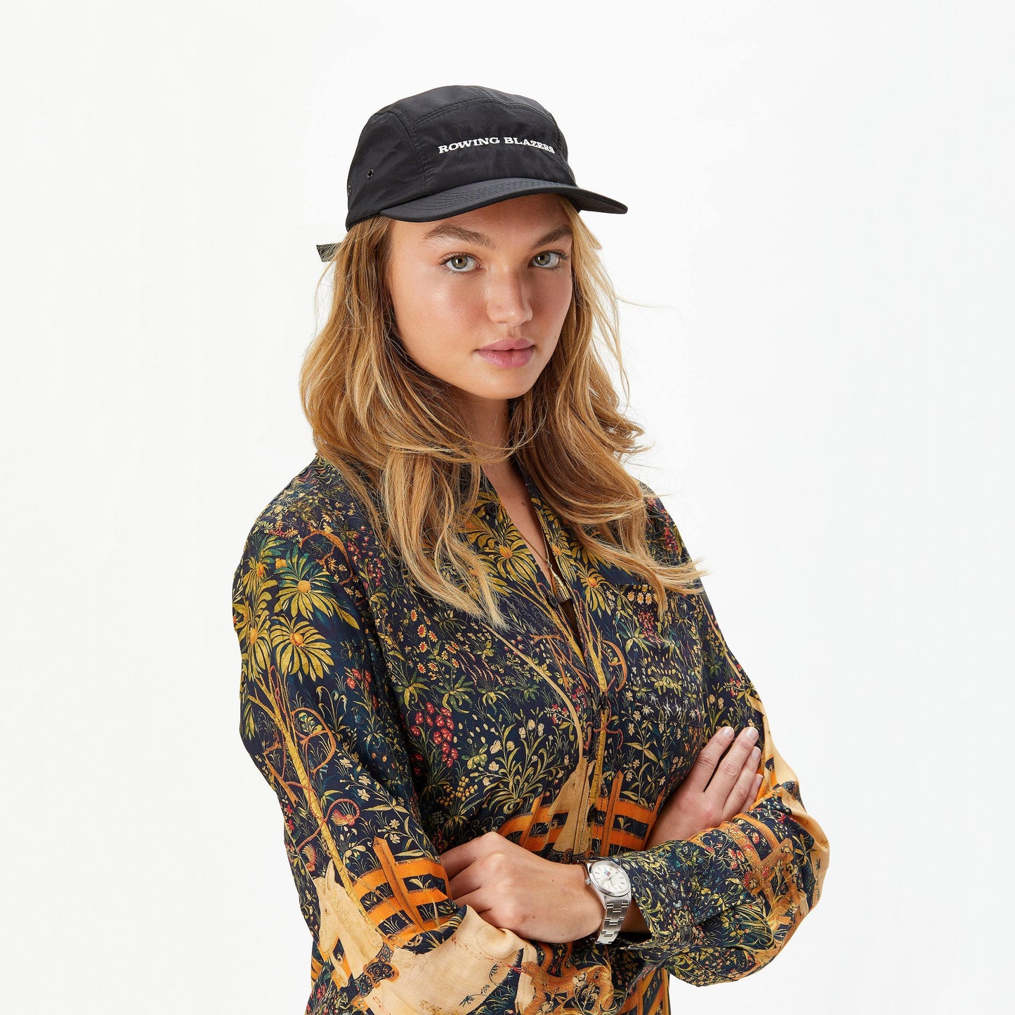 Female model wearing the "Sony" Rowing Blazers 5-Panel Cap.