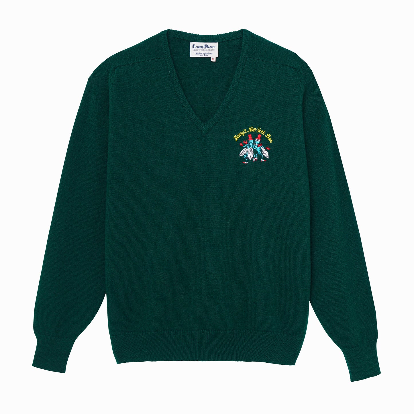 Green sweater emblazoned with Harry's famous bar flies motif.