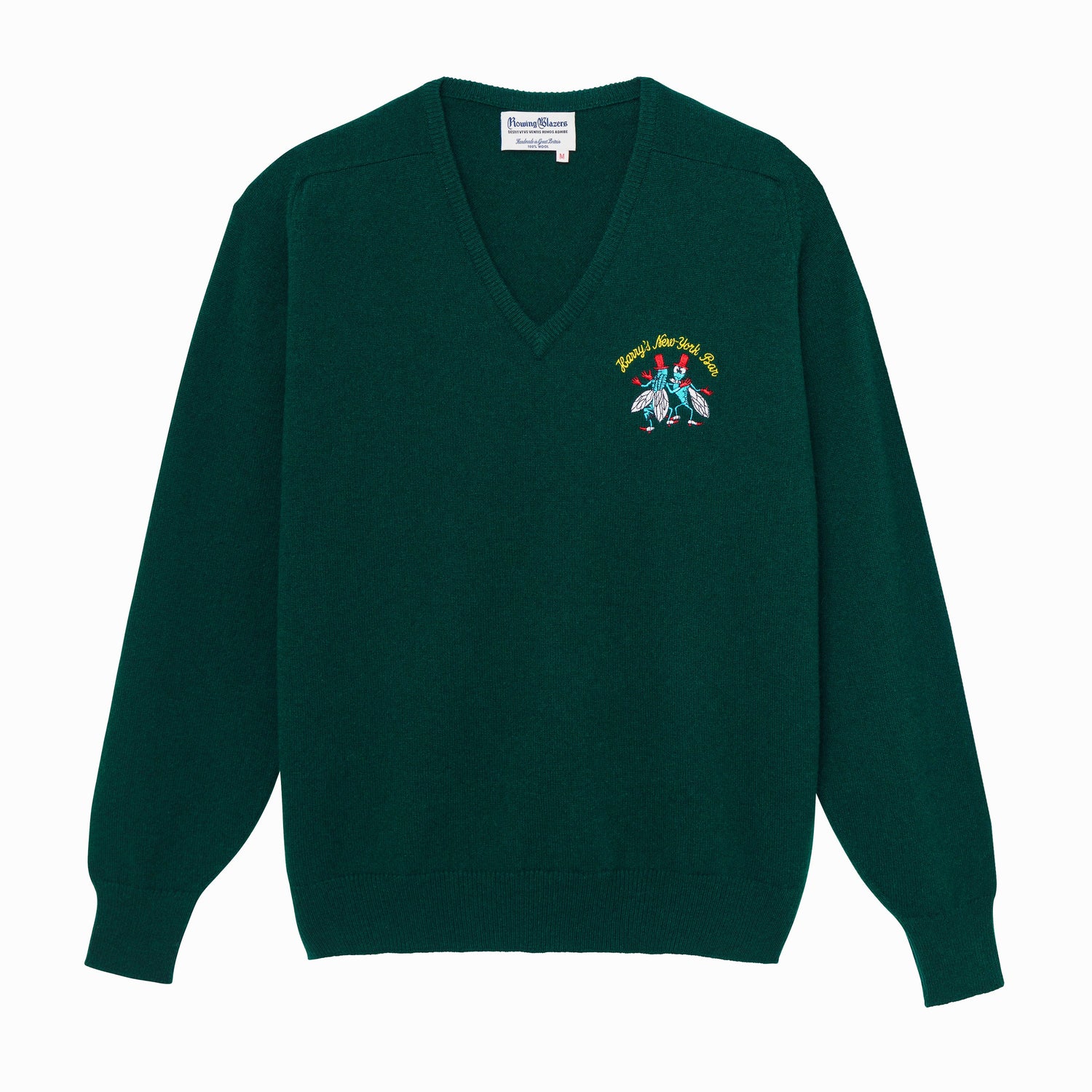 Green sweater emblazoned with Harry's famous bar flies motif.