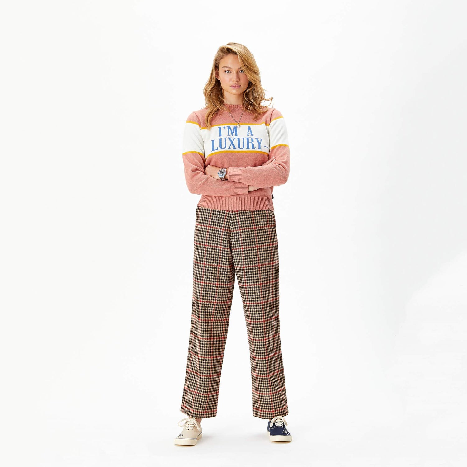 Female model wearing the I'm a Luxury Sweater.