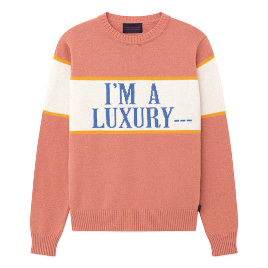 Pink sweater with "I'm a Luxury ---" across the front.