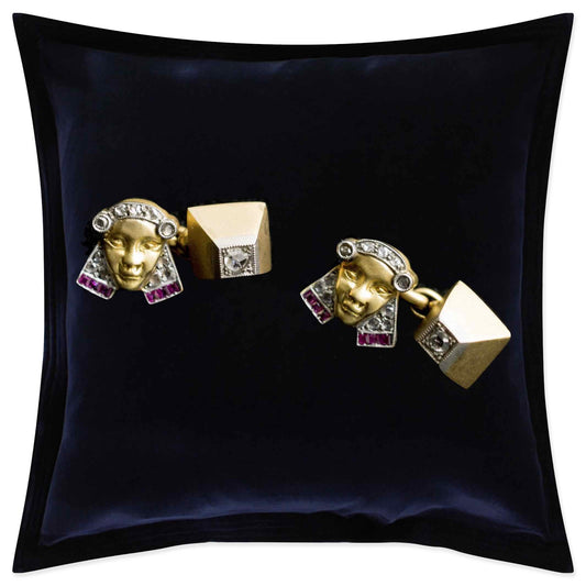 18K Gold, Platinum And Diamond Egyptian Revival Art Deco Cufflinks
