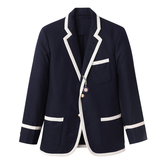 Navy Wool Flannel Blazer with Cream Grosgrain Trim