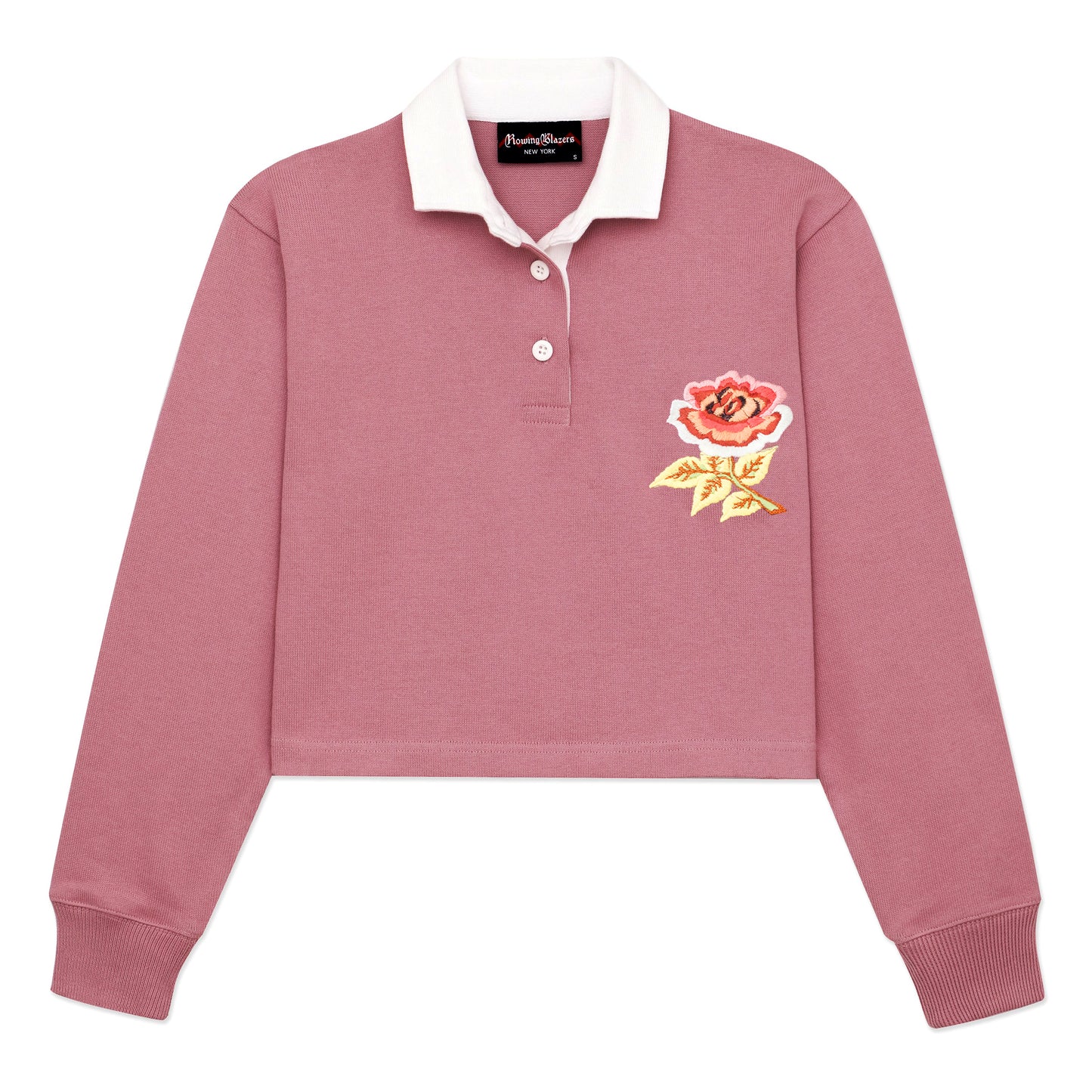 Pink cropped rugby jersey with an embroidered rose patch.