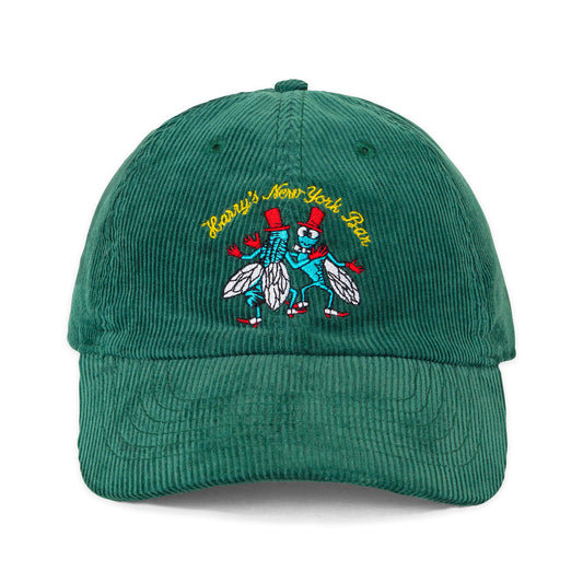 Dark green corduroy dad hat satin-stitched with Harry's famous bar flies motif.