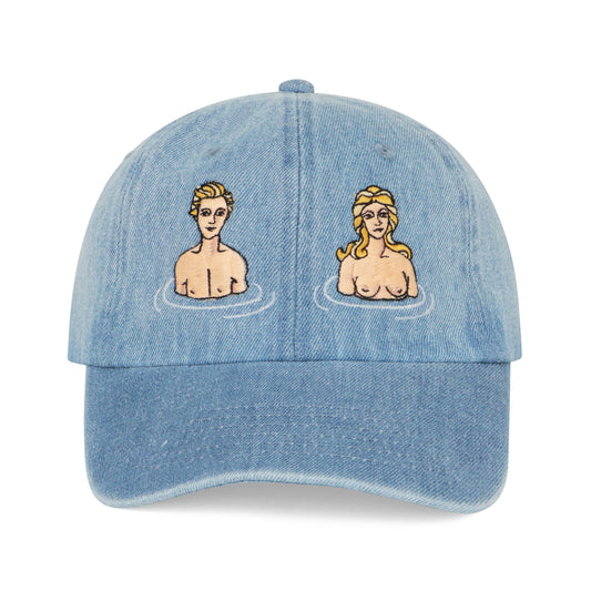 Light blue hat embroidered with Adam & Eve motif.