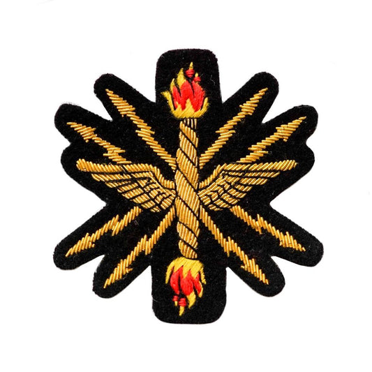 Embroidered gold work thunderbolt badge.