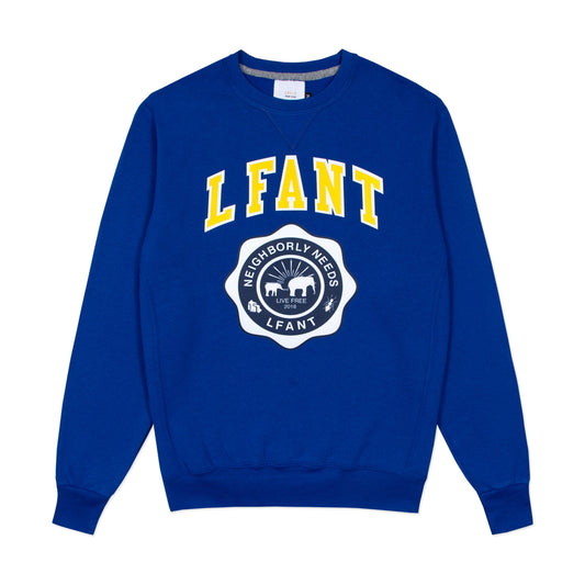 Blue crewneck with "LFANT" across the front in block letters above a brand graphic with elephants and "Neighborly Needs."