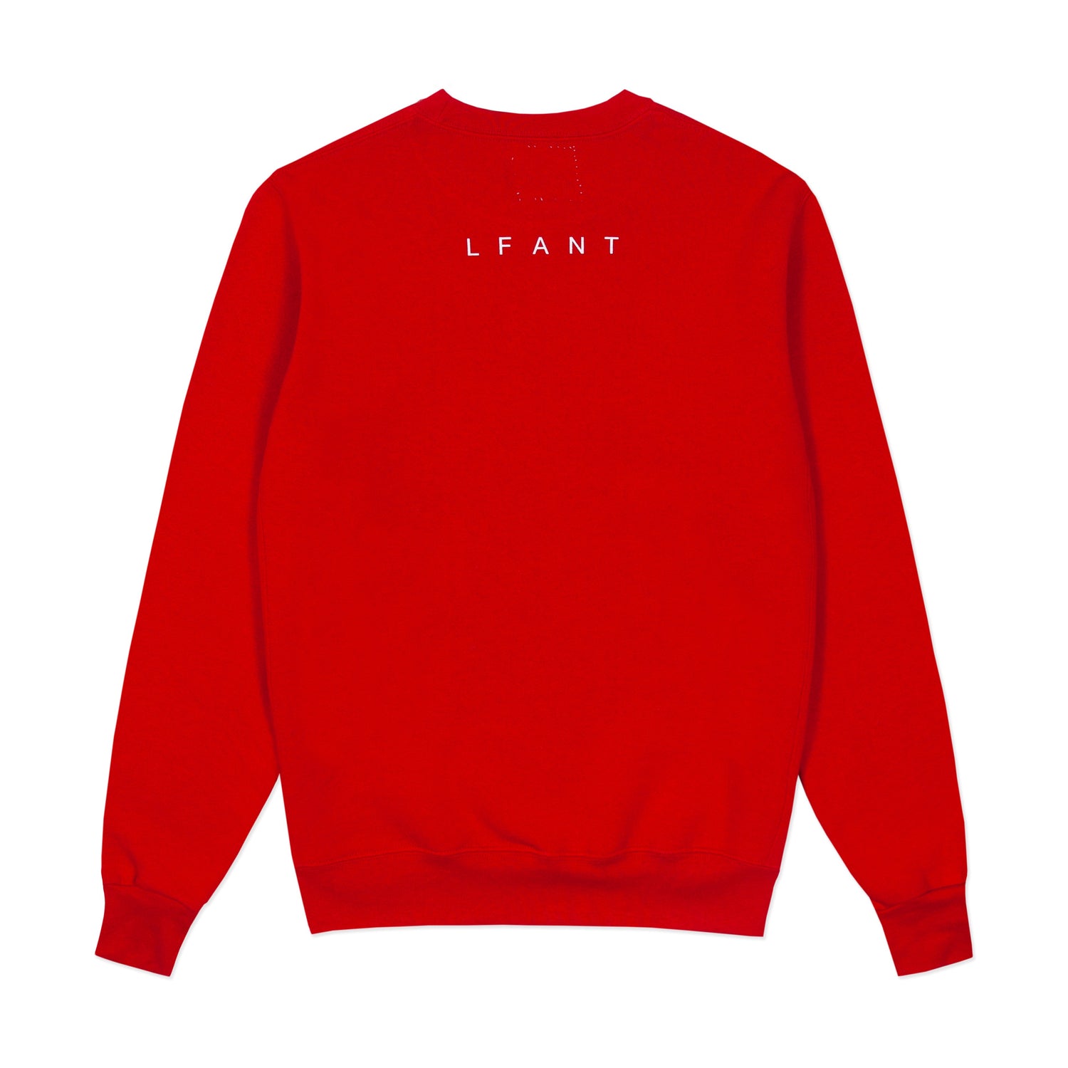 Red crewneck sweatshirt with "LFANT" on the back.