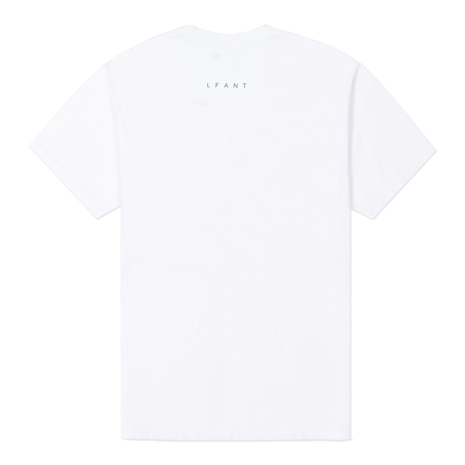 White t-shirt with "LFANT" on the back.
