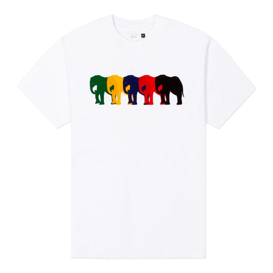White t-shirt with graphic of five multicolored elephants on the front.