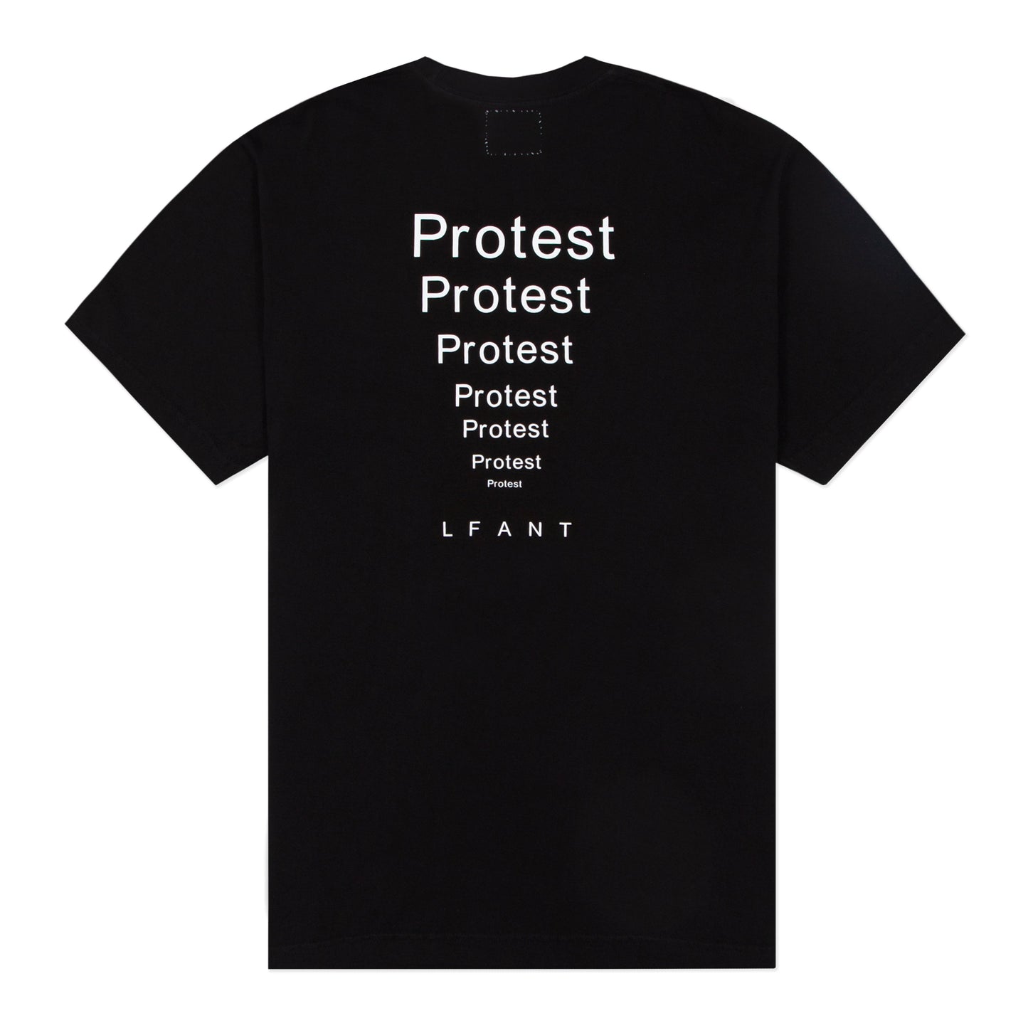 Black t-shirt with "Protest" repeatedly printed down the back.