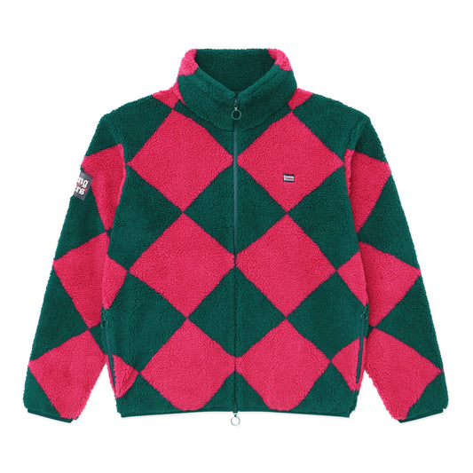  Sherpa fleece in a jockey-inspired, pieced, pink and green harlequin pattern.