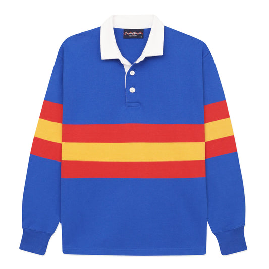 Blue rugby jersey with red and yellow stripes.