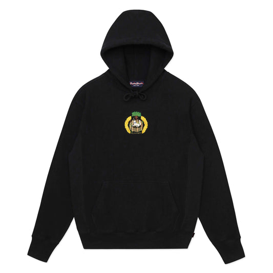 Black hoodie with goldwork unicorn motif and the words "All is Vanity."