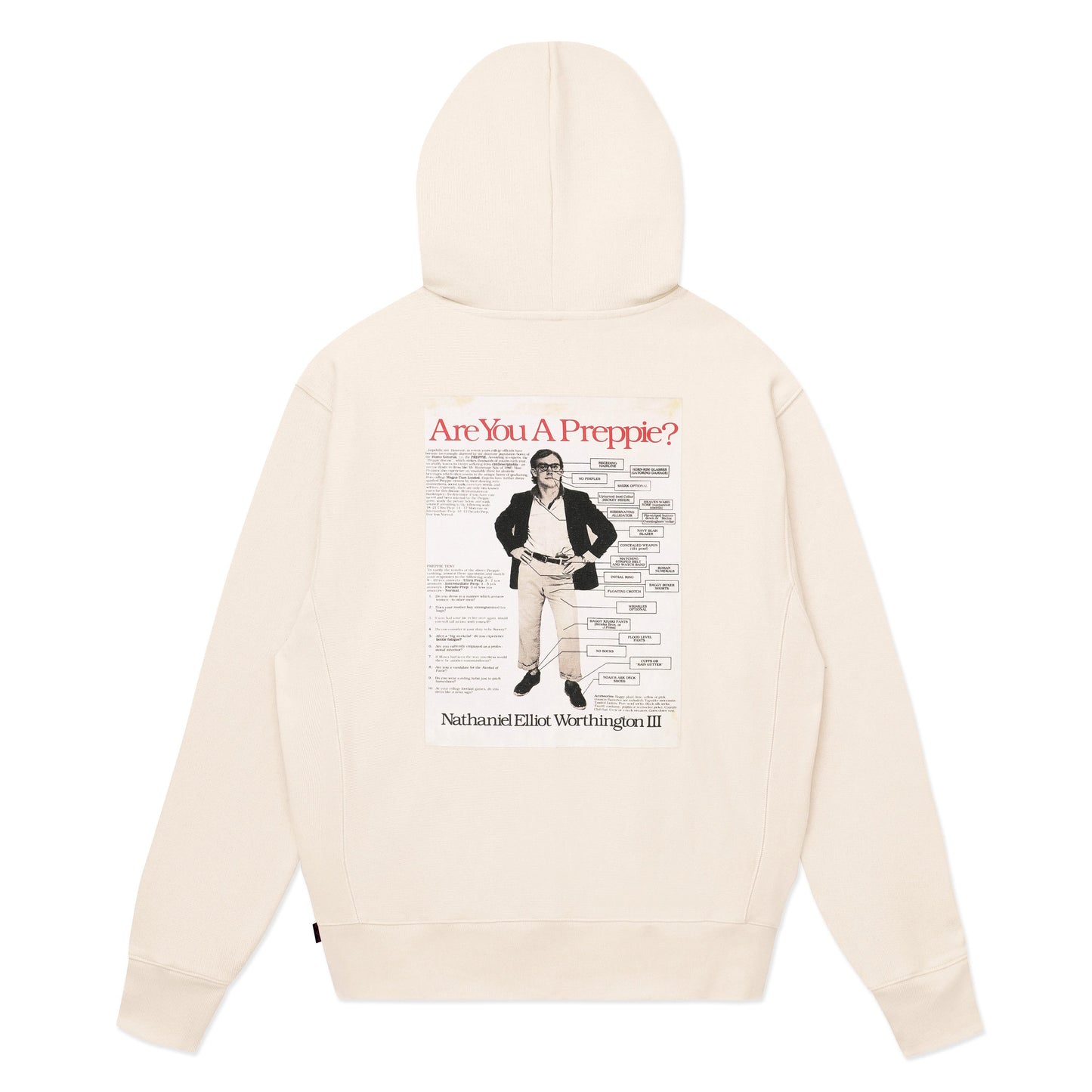 Back of cream hoodie, screenprinted with the "Are You a Preppie?" poster.