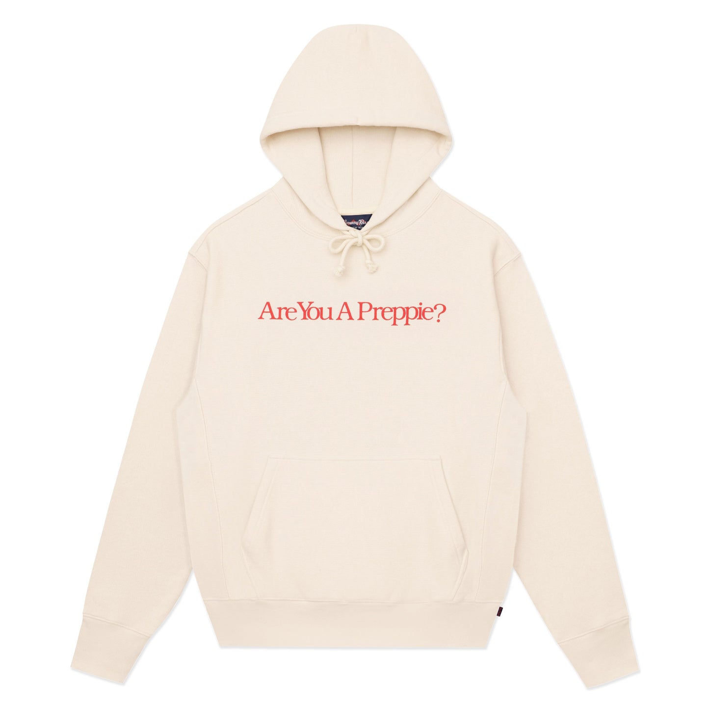 Front of cream hoodie with "Are You a Preppie?" across the chest.