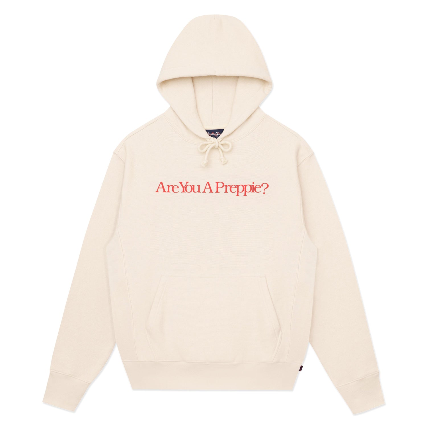 Front of cream hoodie with "Are You a Preppie?" across the chest.