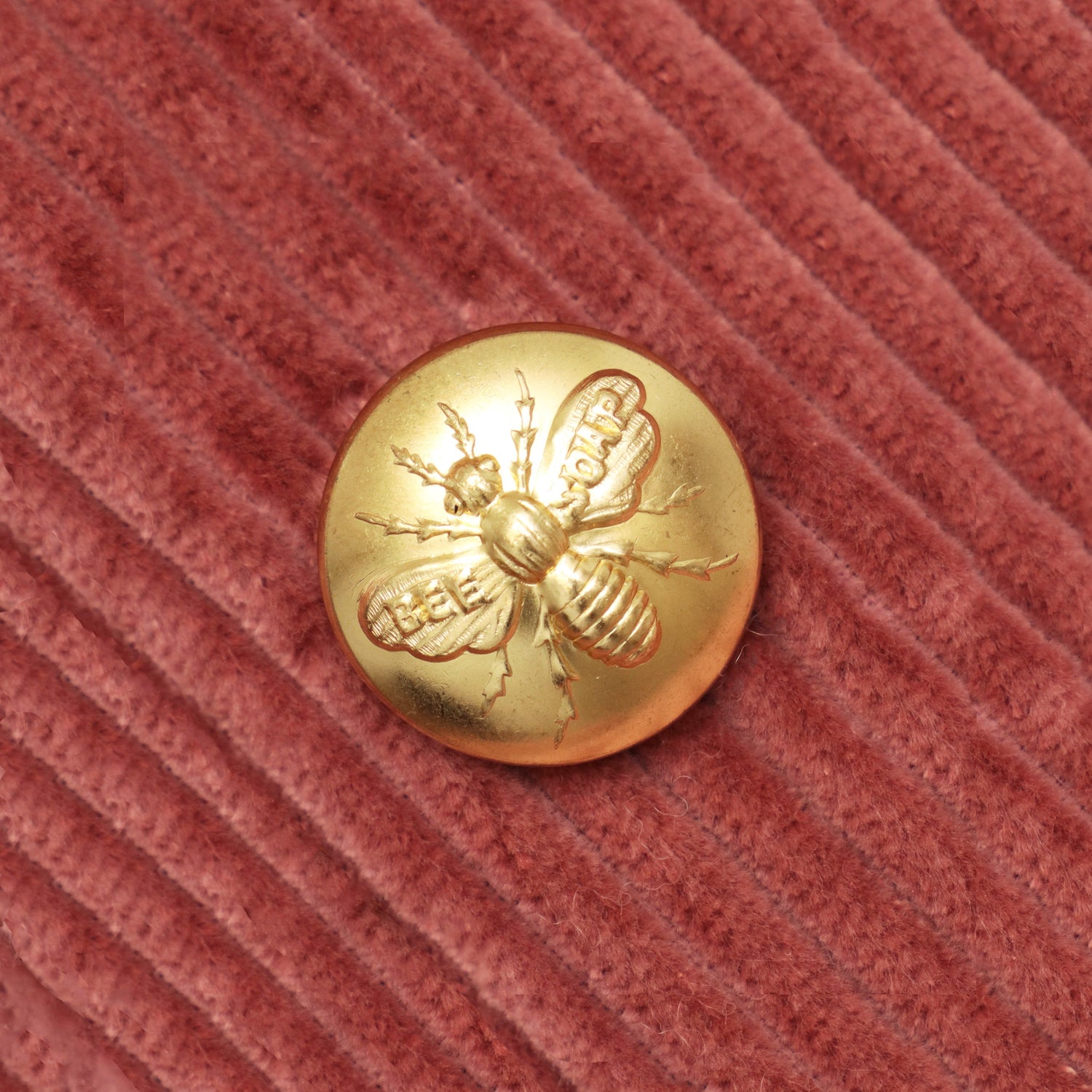 Brass button with a bee design on it.