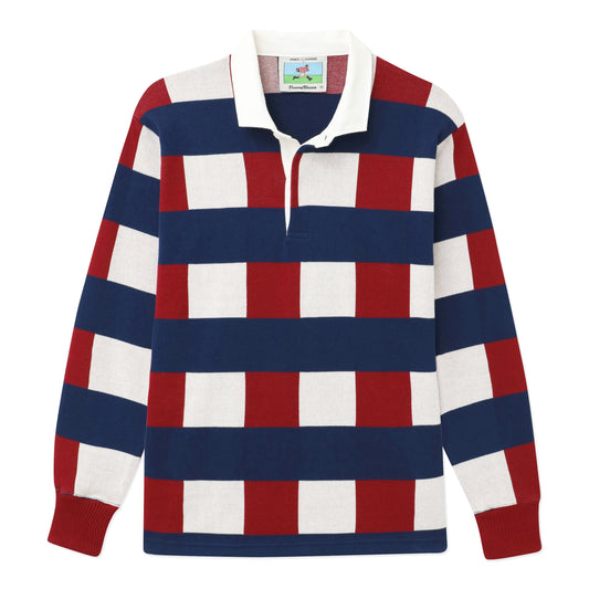 Blue, red, white jacquard rugby.