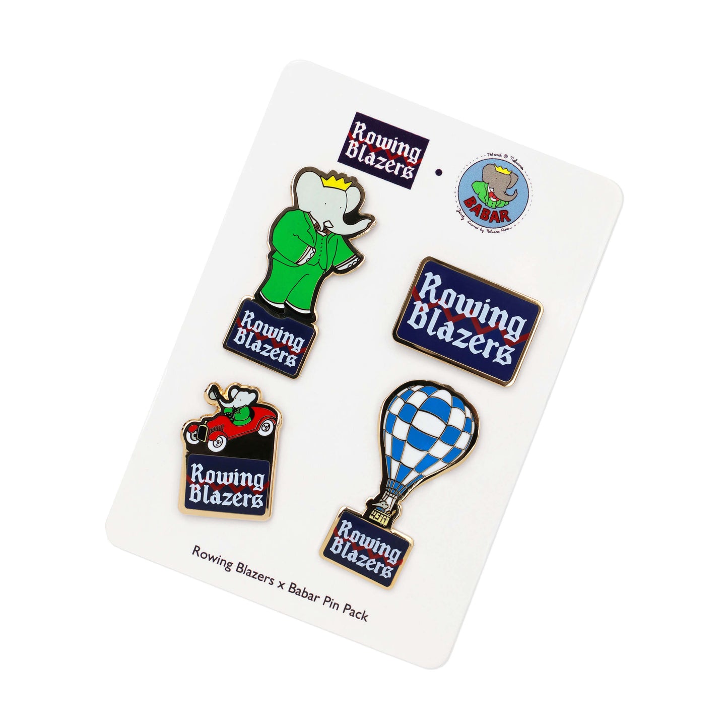 Set of 4 enamel Babar themed pins: Babar the elephant, Babar in a car, a hot air balloon, and the Rowing Blazers logo. 