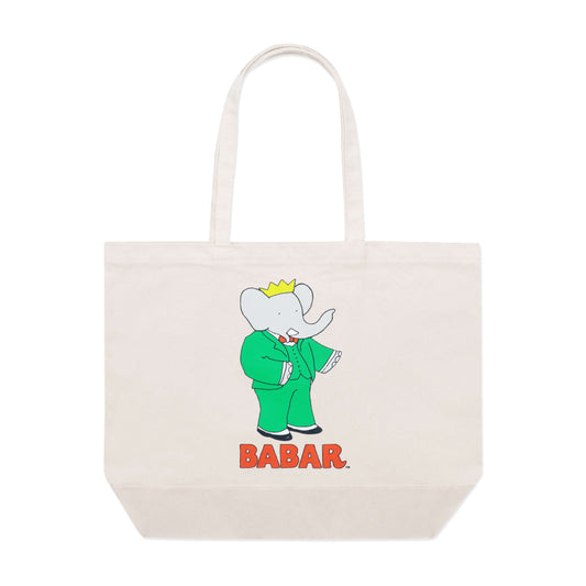 Canvas tote bag emblazoned with an illustration of Babar in his green suit.