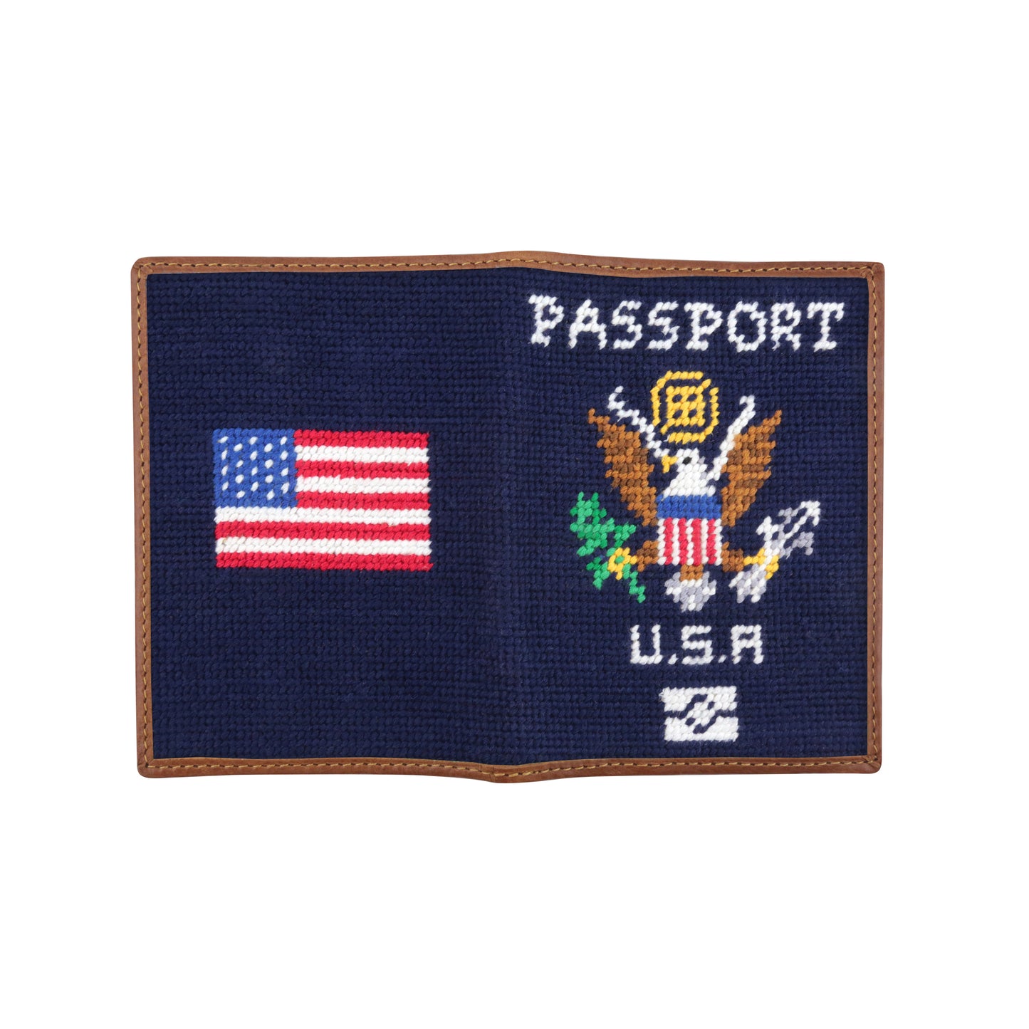 Needlepoint passport case with Great Seal of the United States on one side and United States Flag on the other.
