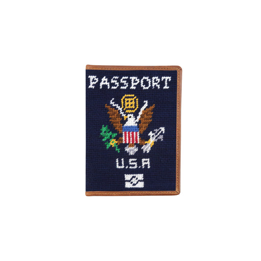 Needlepoint passport case with Great Seal of the United States.