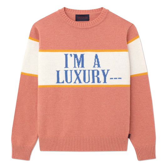 Pink sweater with "I'm a Luxury ---" across the front.
