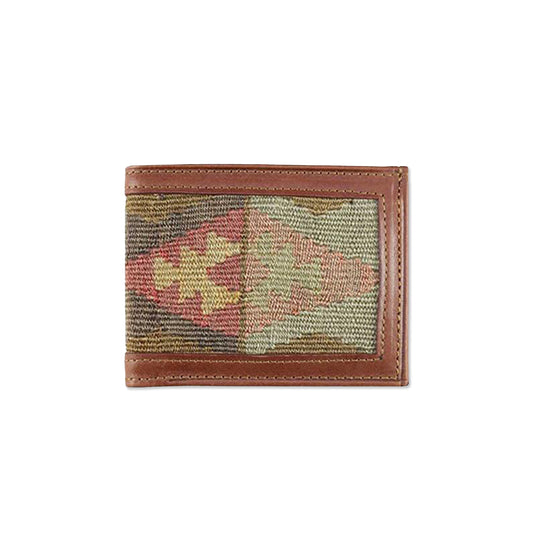 Handwoven vintage Sumak Kilim carpet with soft leather trim.