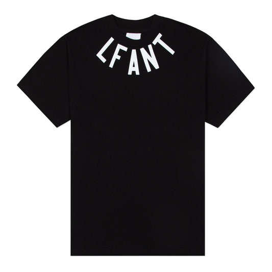 Black t-shirt with "LFANT" printed around the collar.