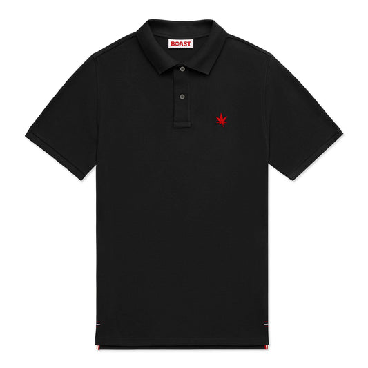 Black polo with red embroidered leaf on the left chest.