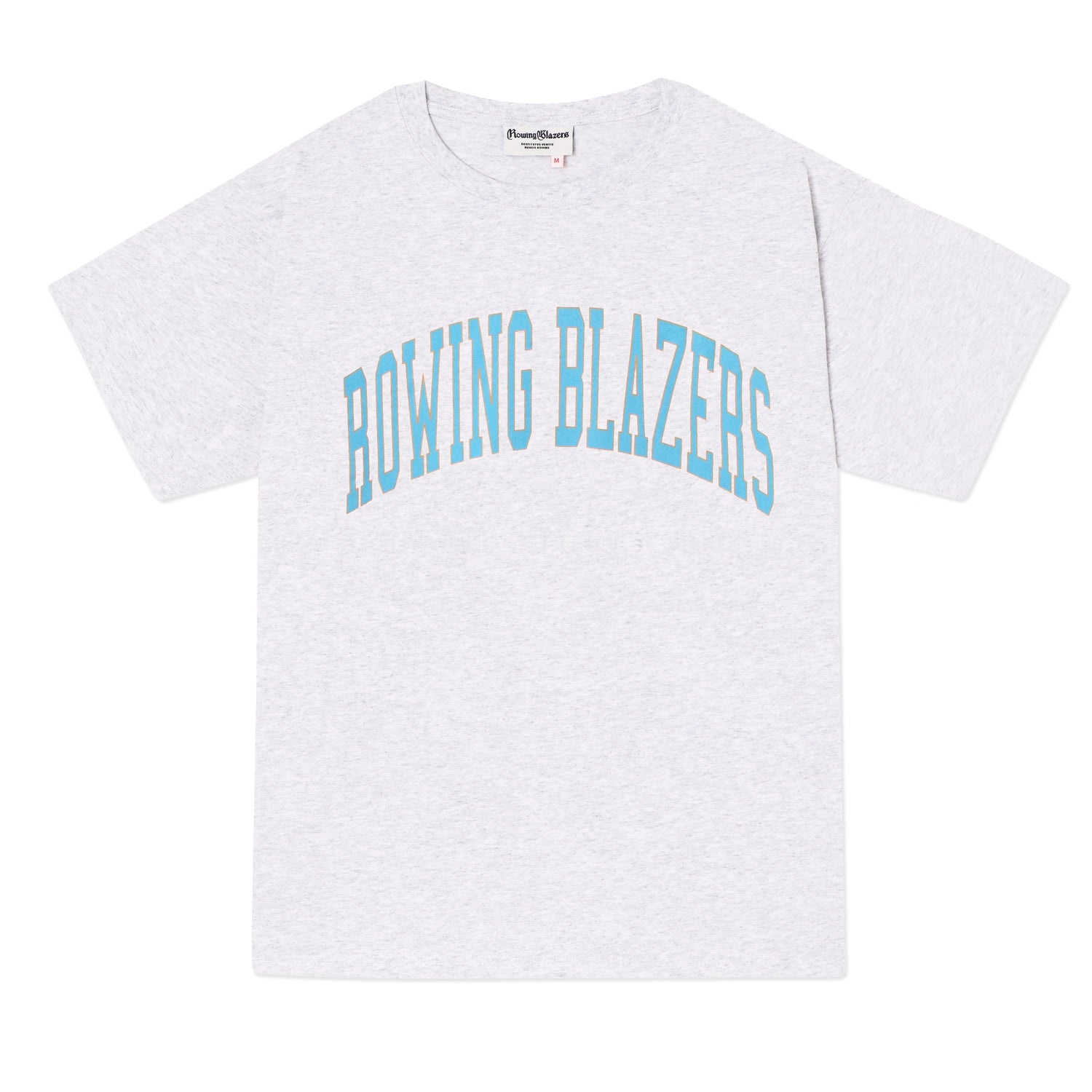 Classic light heather gray collegiate tee with "Rowing Blazers" across the front in blue.