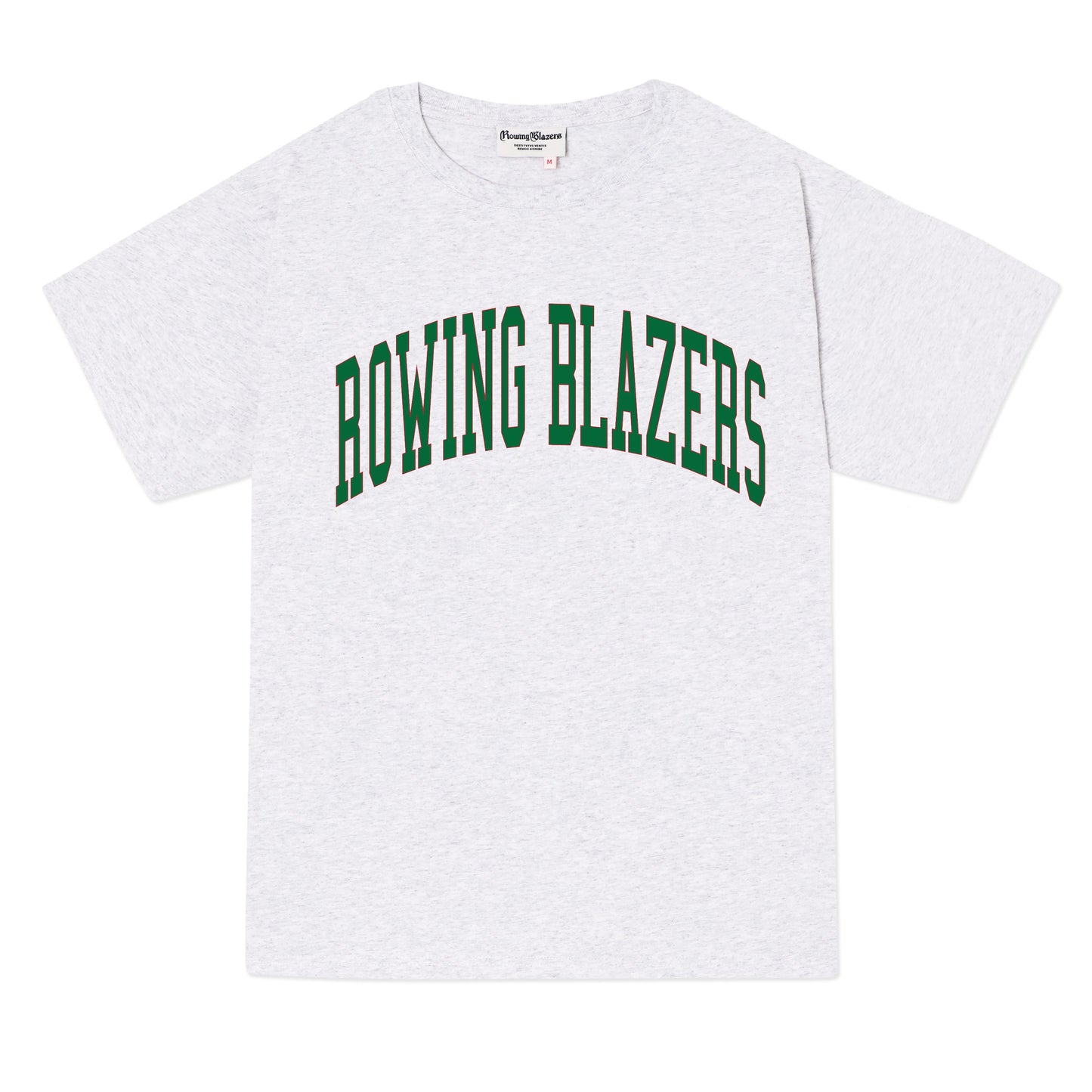 Classic light heather gray collegiate tee with "Rowing Blazers" across the front in dark green.