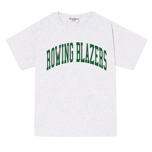 Classic light heather gray collegiate tee with "Rowing Blazers" across the front in dark green.