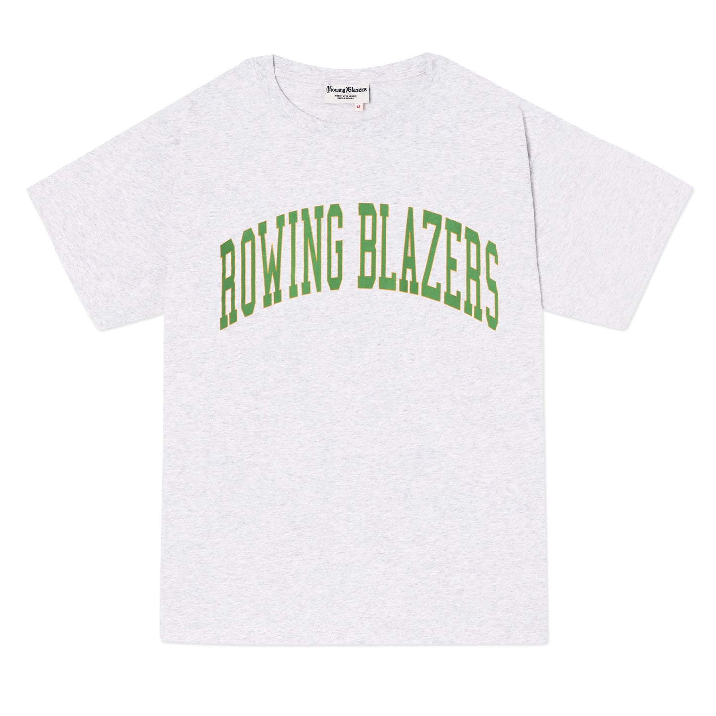 Classic light heather gray collegiate tee with "Rowing Blazers" across the front in green.