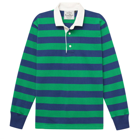 Rugby jersey with blue and green horizontal stripes. 