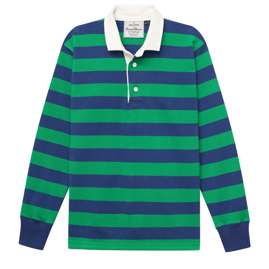 Rugby jersey with blue and green horizontal stripes.