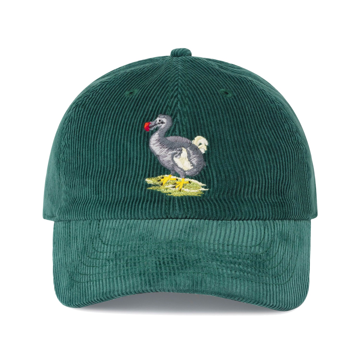 Green corduroy hat with with satin-stitched dodo bird motif.