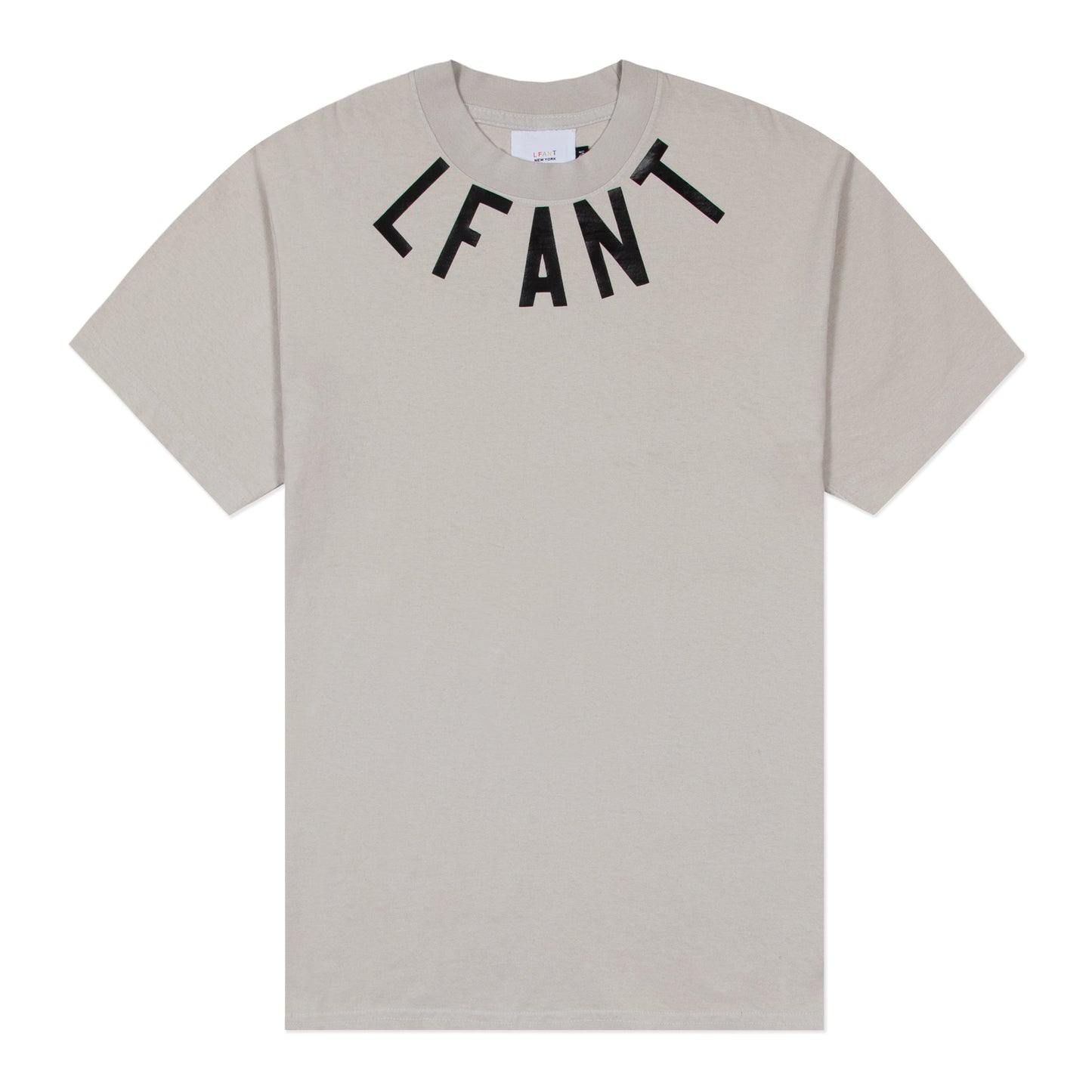 Grey t-shirt with "LFANT" printed around the collar.
