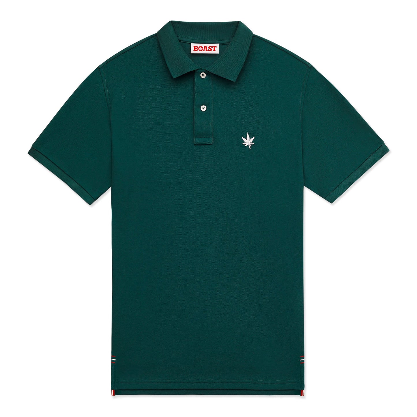 Ivy green polo with white embroidered leaf on the left chest.