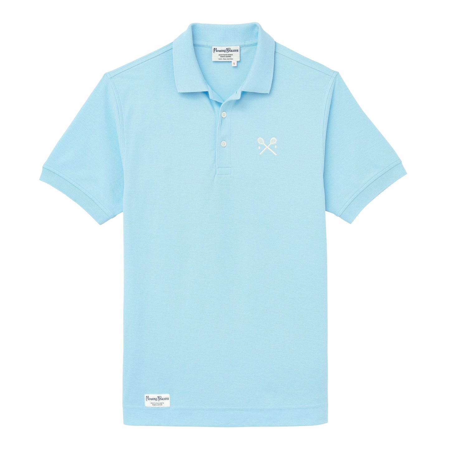 Light blue polo jersey with embroidered crossed racquets motif.