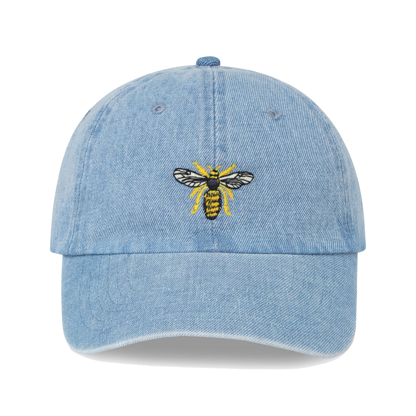 Light blue denim hat with satin-stitched drone bee motif.
