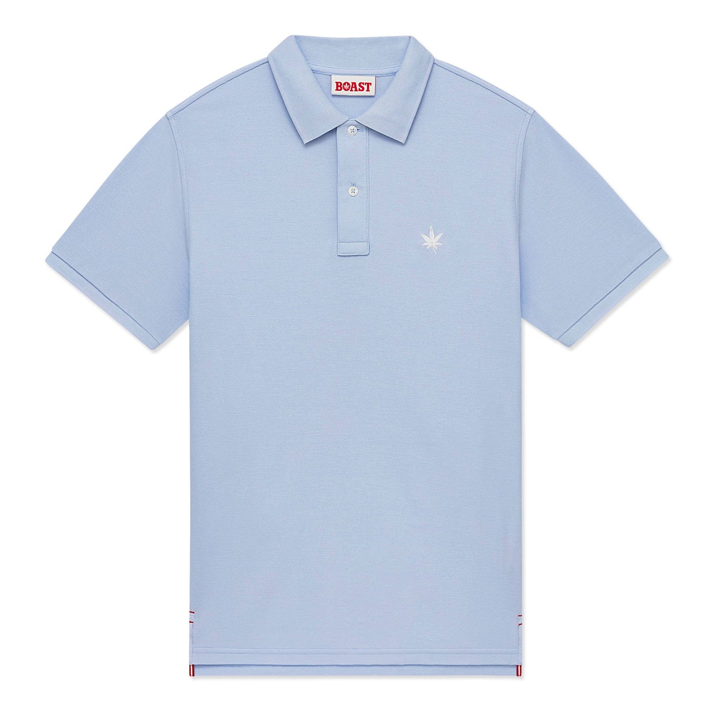 Light blue polo with white embroidered leaf on the left chest.