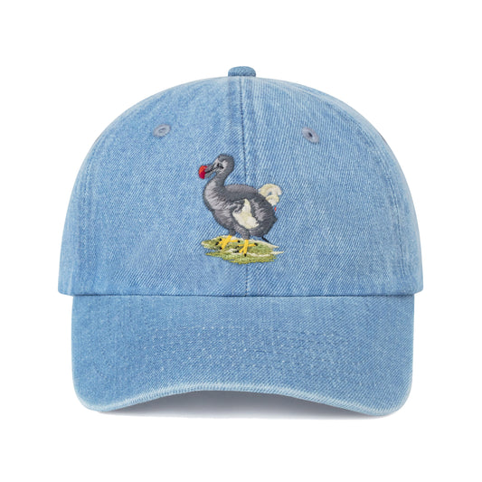 Light blue denim hat with with satin-stitched dodo bird motif.