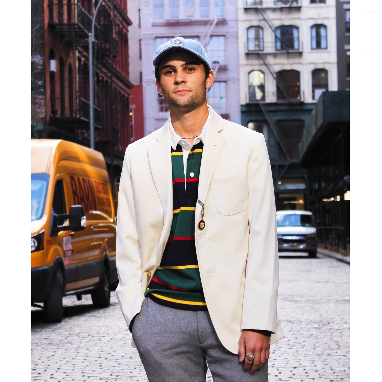 Male model wearing the Light Blue Dodo Cap in New York City.
