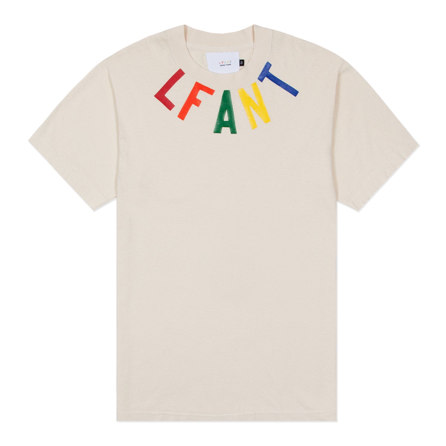 Grey t-shirt with multicolored "LFANT" printed around the collar.