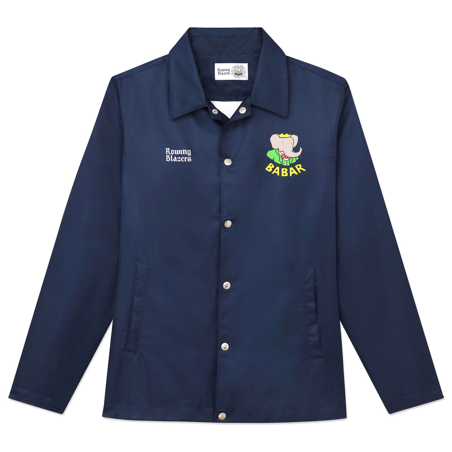 Front of navy coach's jacket with printed Babar motif.
